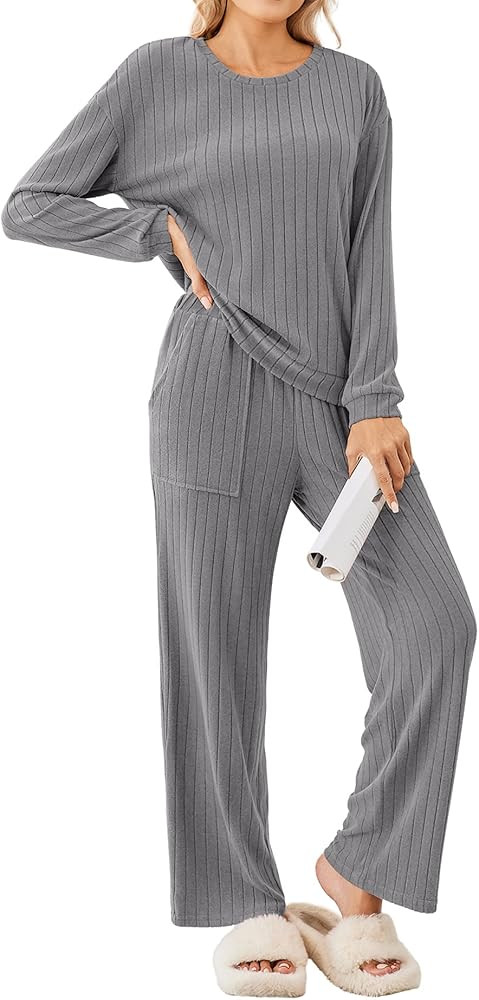 Ekouaer Lounge Sets for Women Ribbed Knit Pajama Sets 2 Piece Long Sleeve Pjs Soft Loungewear Out... | Amazon (US)