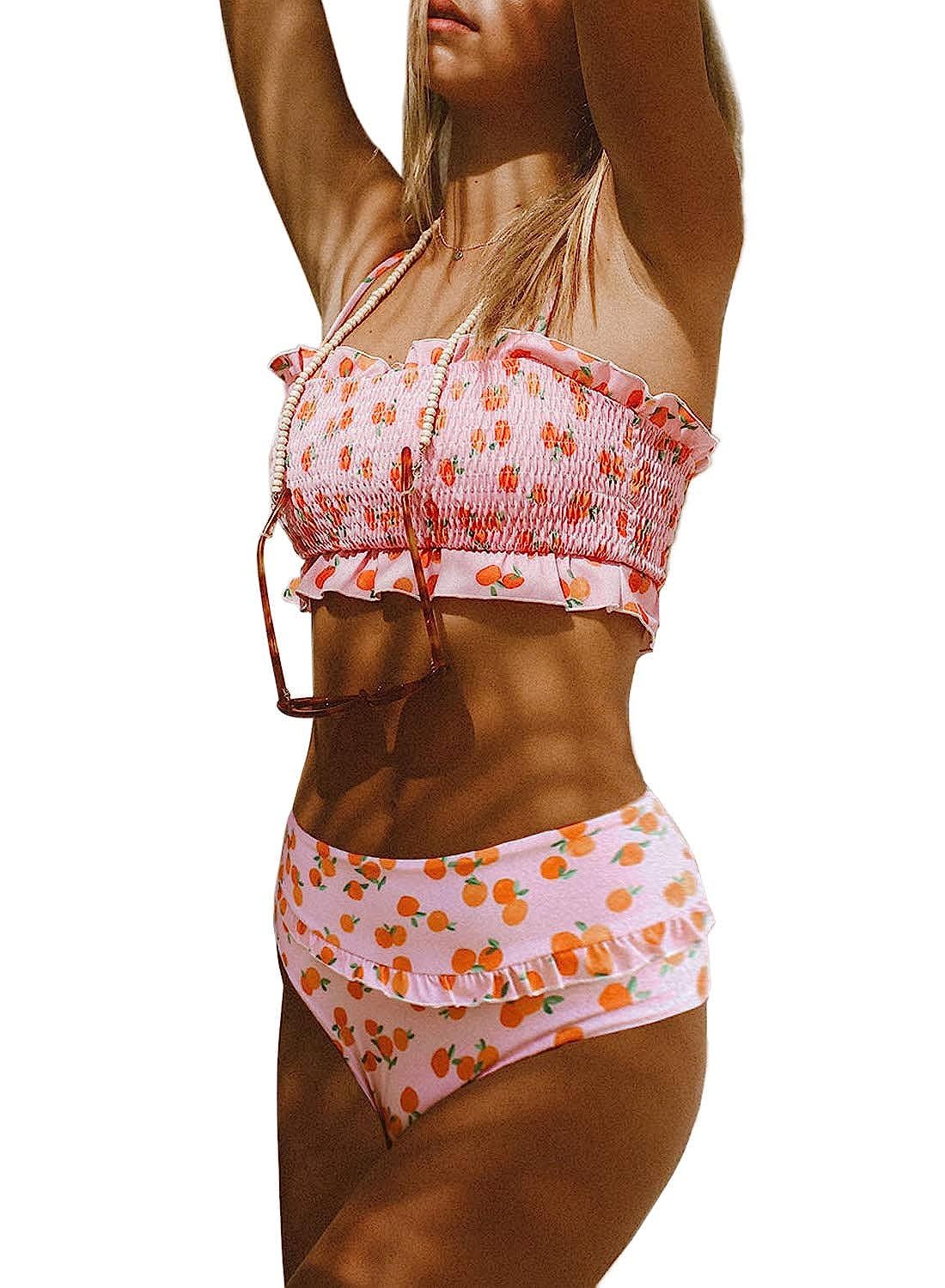 Dokotoo Women Cute High Waist Strapless Smocked Bikini Sets Swimsuit Bathing Suit | Amazon (US)