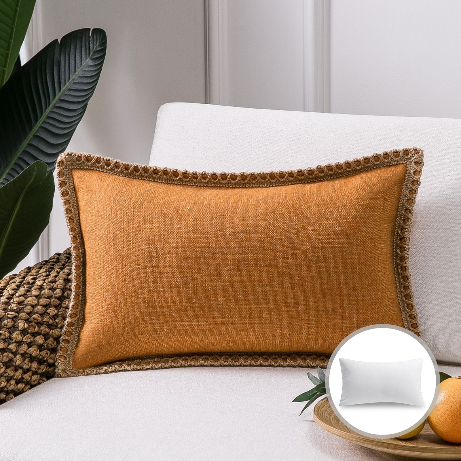 Phantoscope Linen Trimmed Farmhouse Series Decorative Throw Pillow, 12" x 20", Orange, 1 Pack | Walmart (US)