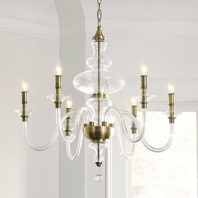 Mila 6-Light Blown Glass Chandelier with Isla Block Print Pleated Tall Chandelier Shade - Slate |... | Ballard Designs, Inc.