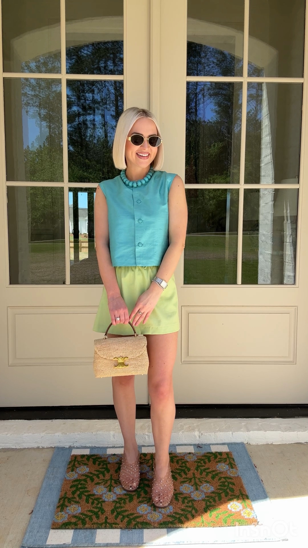 Color block outfit / green and blue color block outfit
Size: XS top, 7 rhinestone jelly flats 
(Skort on my Am@zon) 

#LTKootd #LTKPetite