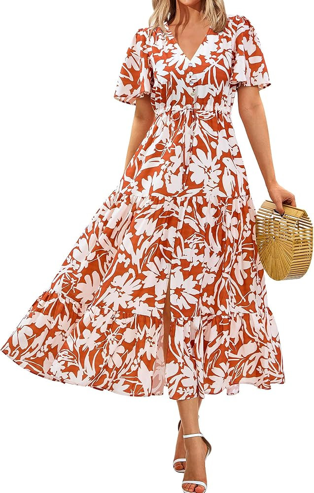 Zenlonr Women Summer Dresses 2024 Casual Short Sleeve V Neck Split Maxi Dress Button Drawstring B... | Amazon (US)