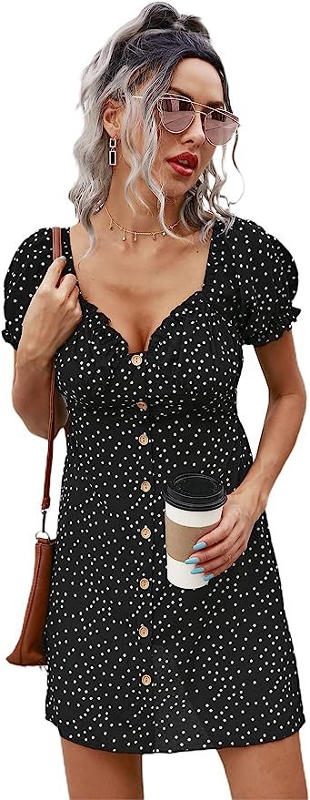 Milumia Women's Polka Dot Sweetheart Neck Puff Short Sleeve Button A Line Dress | Amazon (US)