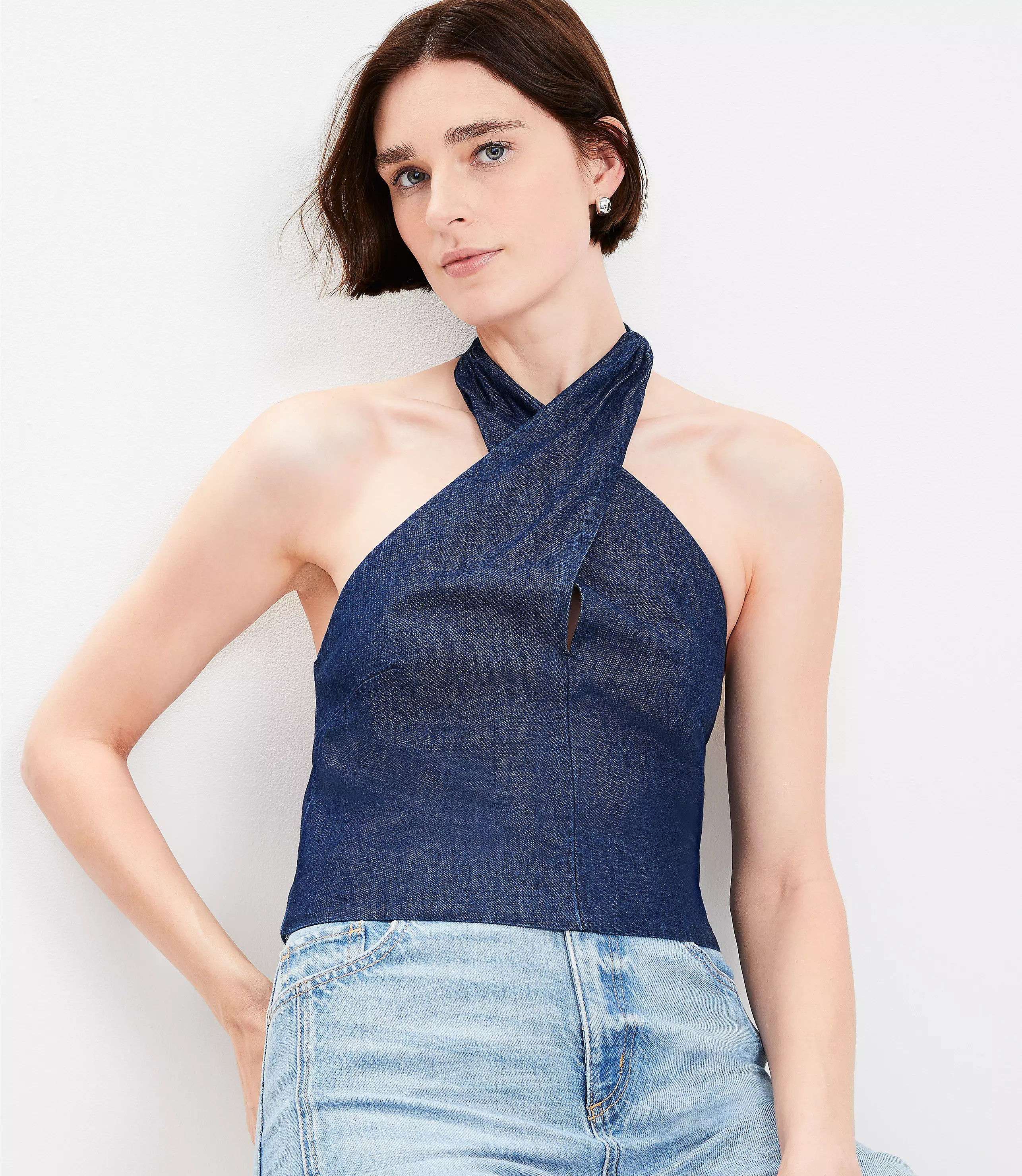 Chambray Crossover Halter Top | LOFT