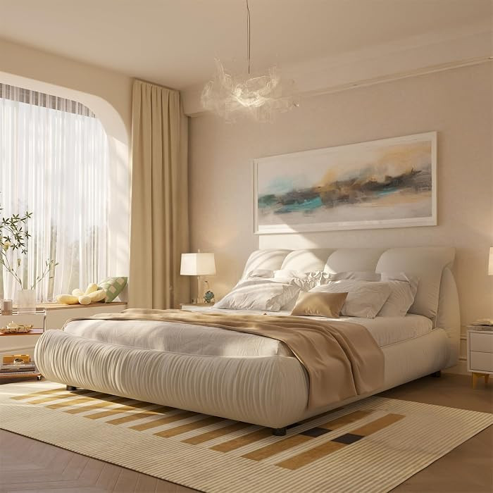 Modern Luxury King Size Bed Frame with Oversized Thick Headboard, Upholstered Sleigh Bed Frame wi... | Amazon (US)