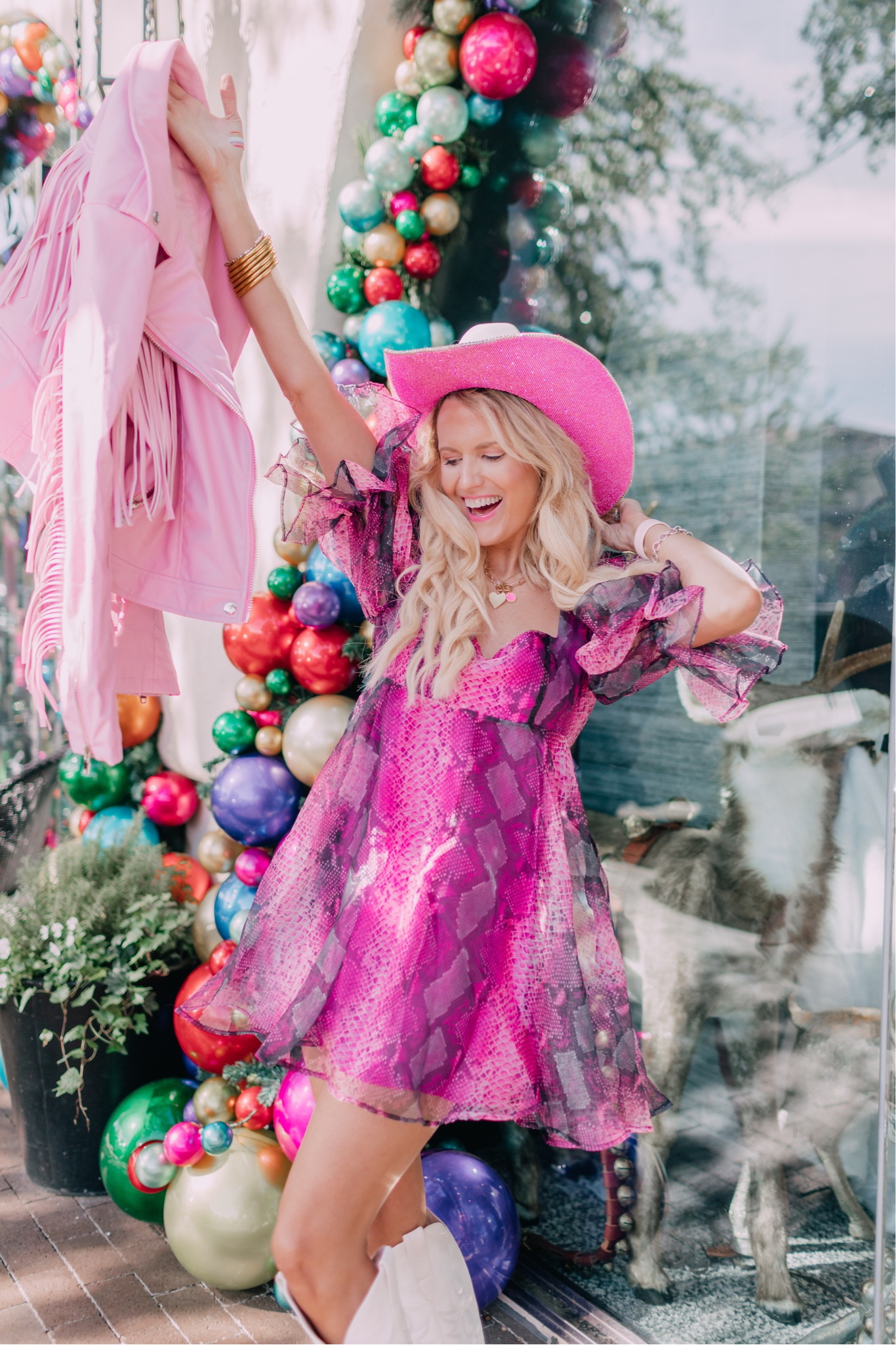 Pink and purple dress 
Cyber Monday deal on sale 
Rhinestone cowboy hat
Fringe jacket 
White cowboy boots
Nashville look Party look NYE outfit 

#LTKsalealert #LTKshoecrush #LTKCyberweek
