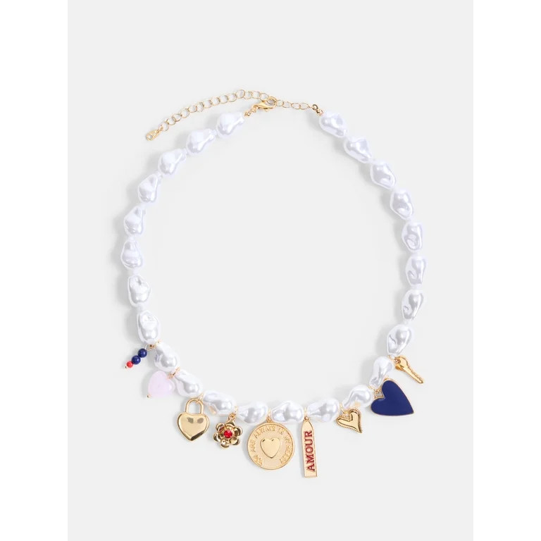 Free Assembly Women's Faux Pearl Charm Necklace, 16" + 3" Extender | Walmart (US)