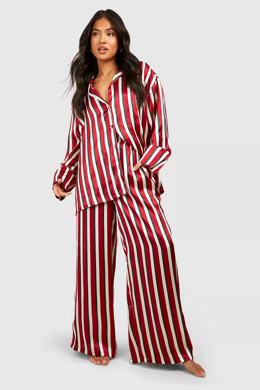 Petite Satin Stripe Pajama Set | boohoo (US & Canada)