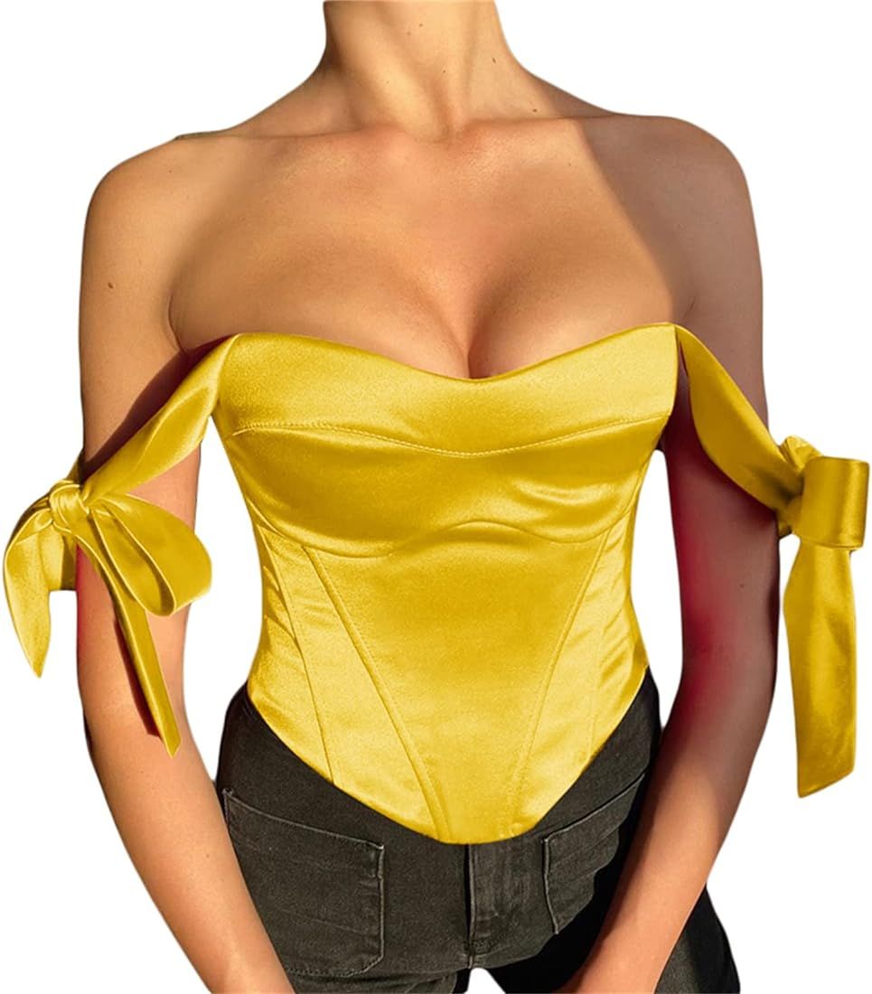 Women Shoulder Strap Corset Elegant Satin Blouse Crop Tops Summer Sleeveless Tank Tops Bustier Waist | Amazon (US)