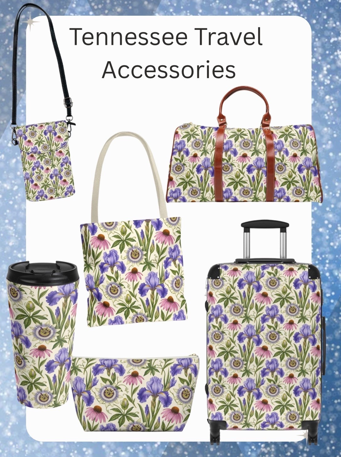 Travel Tennessee wherever your adventure takes you. 🌿💜 Inspired by the natural beauty of the Volunteer State, this collection features a seamless botanical design showcasing Tennessee’s official state flower, the iris, along with beloved native wildflowers. Whether you’re headed across the country or just dreaming of your next getaway, these travel accessories let you carry a little piece of Tennessee with you every mile of the journey.

Which piece is your favorite—the suitcase, weekender, tote, tumbler, crossbody, or cosmetic pouch? ✈️🌸

#TennesseeTravel #VolunteerState #TravelAccessories #BotanicalDesign #MadeForTravel

#LTKTravel #LTKHome #LTKmomlife