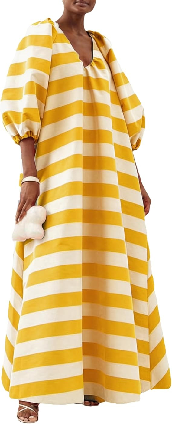 Shiyifa Womens Puff Sleeve Striped Maxi Dress Oversized V Neck Half Sleeve Long Dresses Sundress ... | Amazon (US)