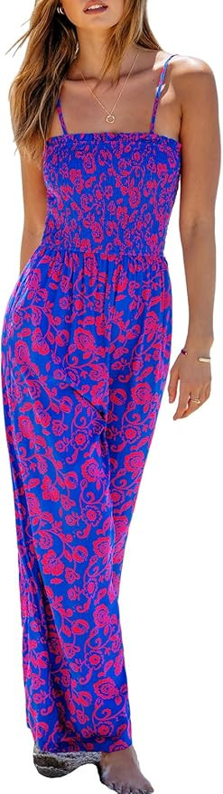 CUPSHE Women's Jumpsuits Floral Square Neck Smocked Bodice Jumpsuit Sleeveless Overall Straight L... | Amazon (US)