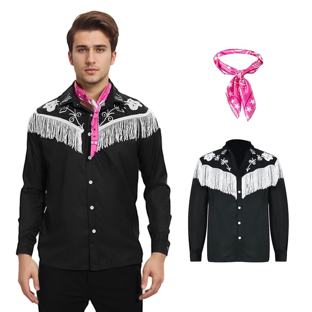 Cowboy Costume Adult Men with Scarf,Western Long Sleeve Fringe Shirt Outfits for Halloween Party ... | Amazon (US)
