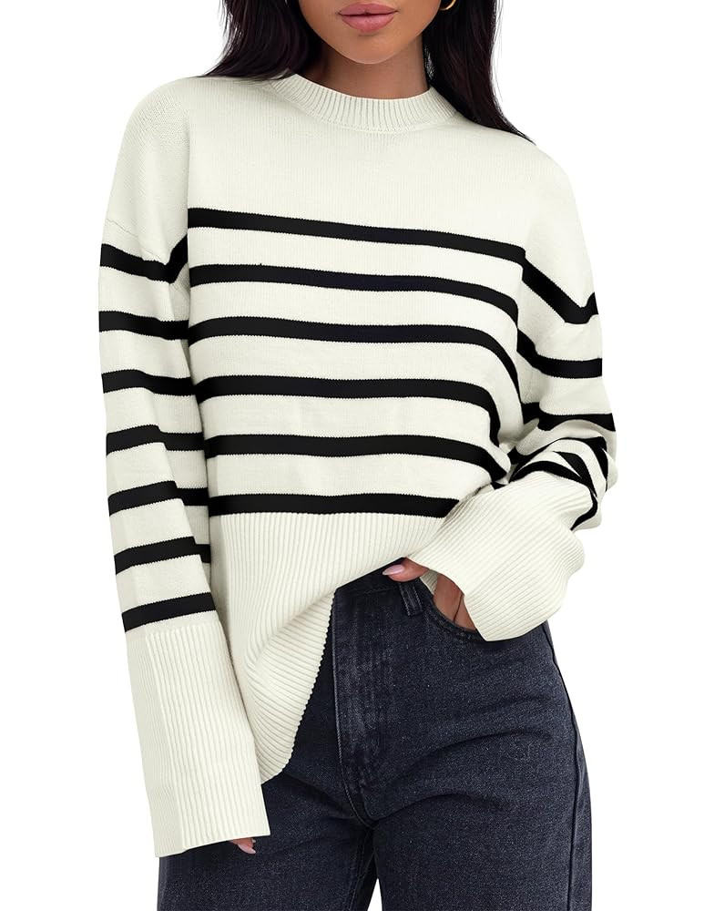 ZESICA Women's Fall Winter Striped Long Sleeve Crew Neck Ribbed Knit Side Slit Oversized Pullover... | Amazon (US)