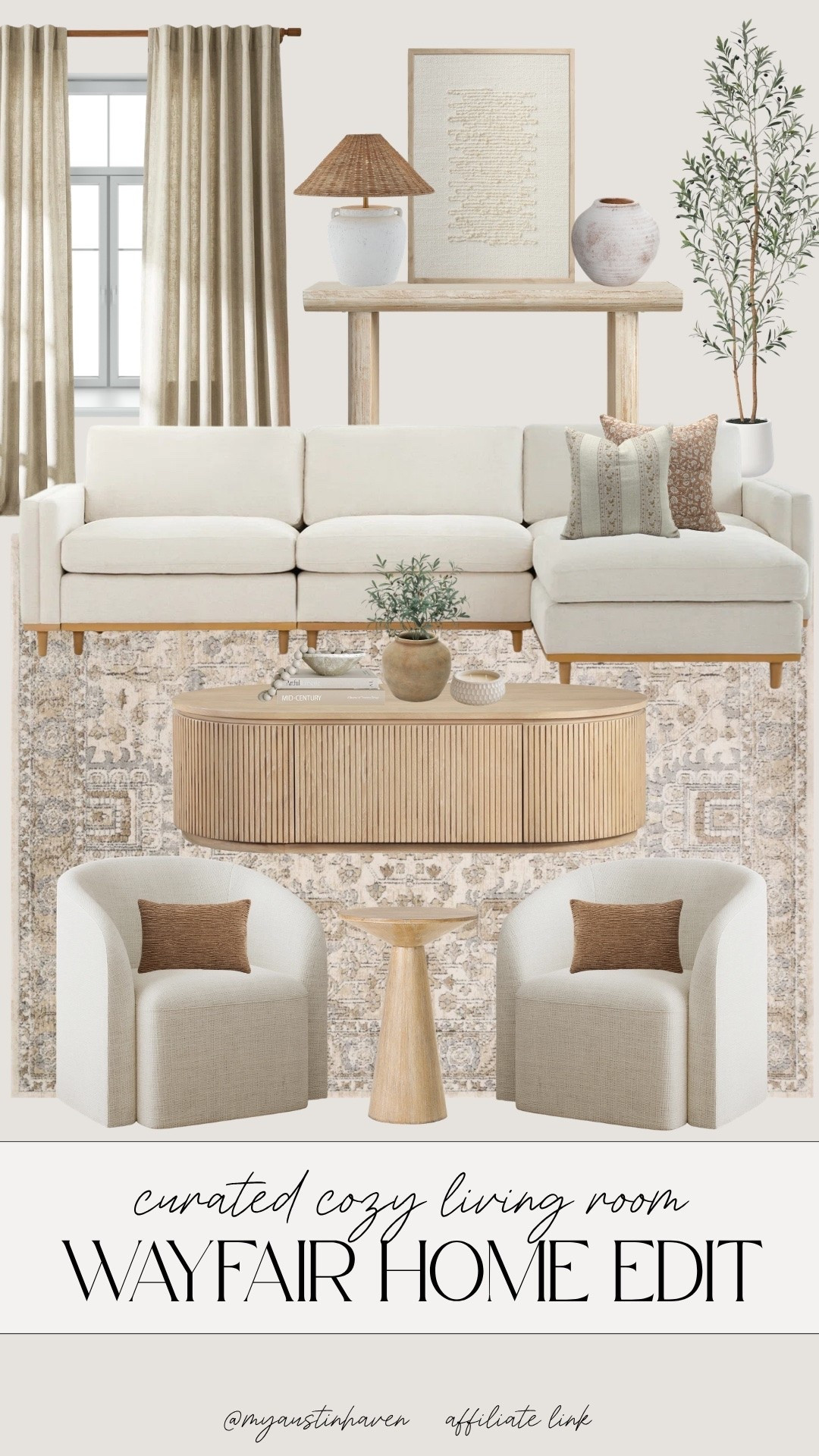 Cozy Wayfair living room 🤎 Layered neutrals, warm wood tones, soft textures and classic pieces for a calm living room refresh. Love the mix of linen curtains, a cream sectional, patterned rug, accent chairs, coffee table styling and natural decor for an elevated everyday space.

Wayfair home, living room decor, neutral home decor, cozy living room, cream sectional, accent chairs, coffee table, area rug, linen curtains, wood furniture, console table, table lamp, faux olive tree, throw pillows, woven decor, affordable home finds, home refresh, modern cottage style, organic neutral decor, warm minimalist home