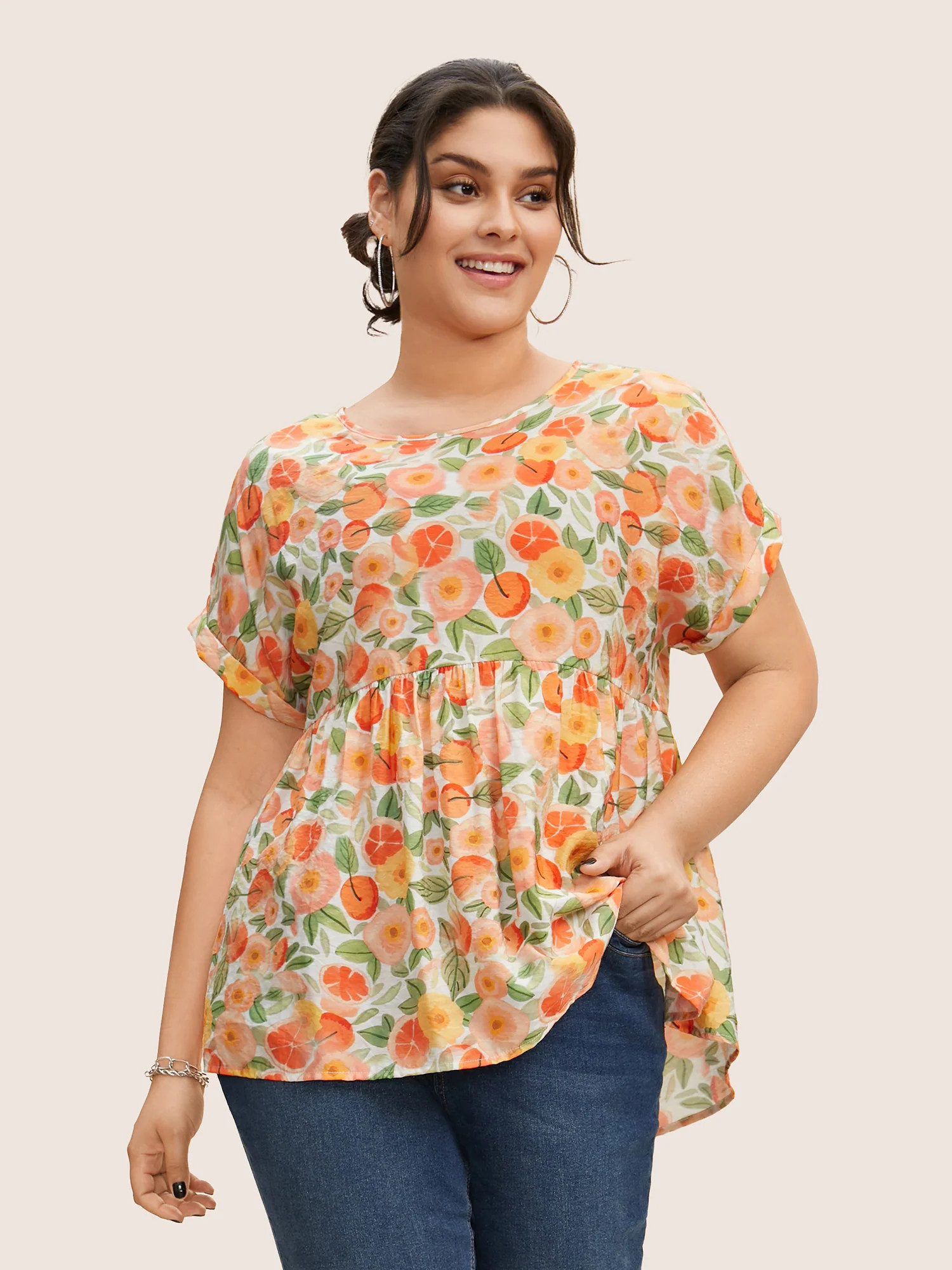 Fruit Print Curved Hem Batwing Sleeve Blouse | Bloomchic