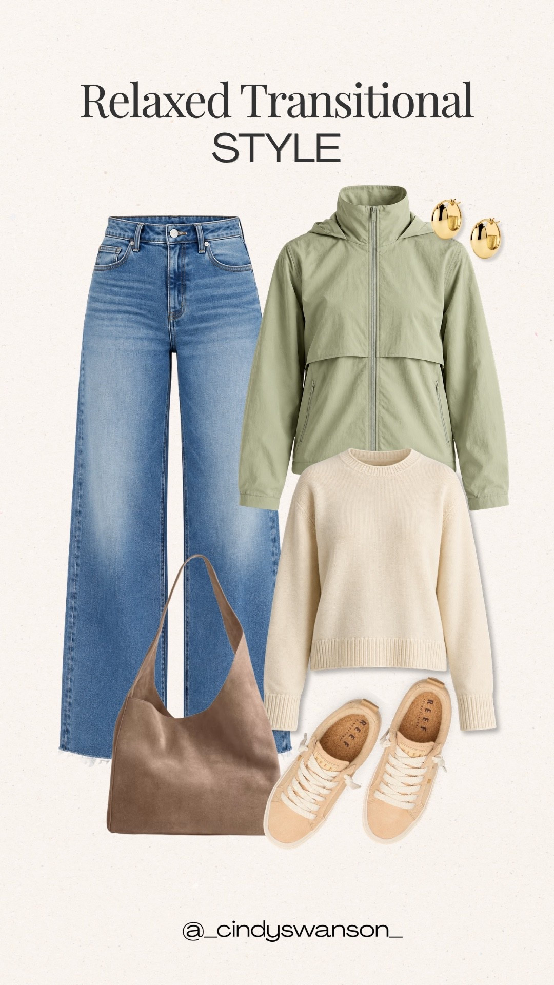 This is such an easy outfit formula for fall’s changing temperatures: classic blue jeans, a sage green zip-up jacket, and a cream sweater layered underneath. Neutral sneakers and a soft brown shoulder bag keep everything casual, coordinated, and ready for everyday errands or a relaxed weekend.