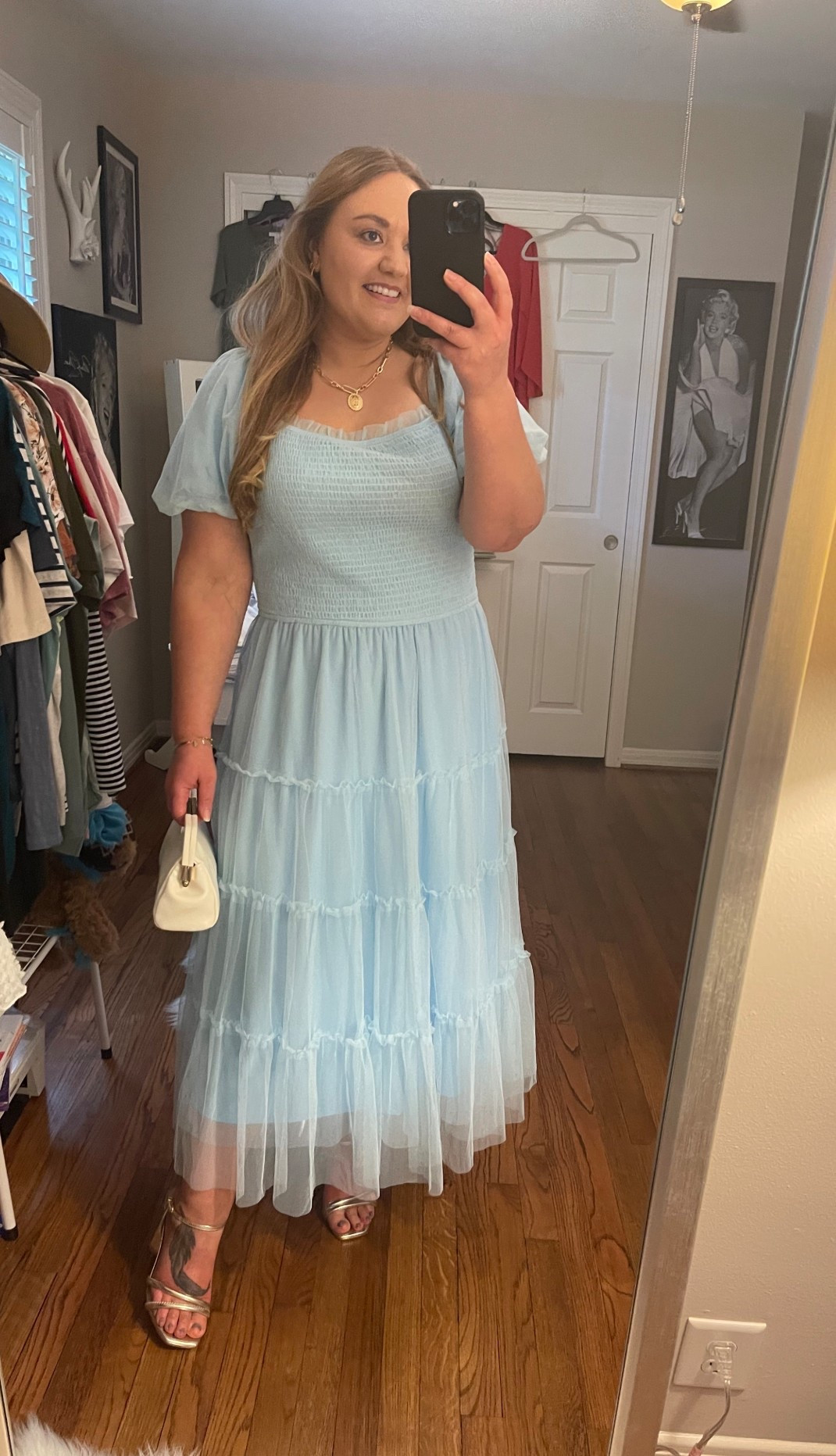 Bridal shower dress, wedding guest dress, tulle dress, Amazon dress, blue dress, handbag, clutch, gold heels, gold sandals, baby shower dress