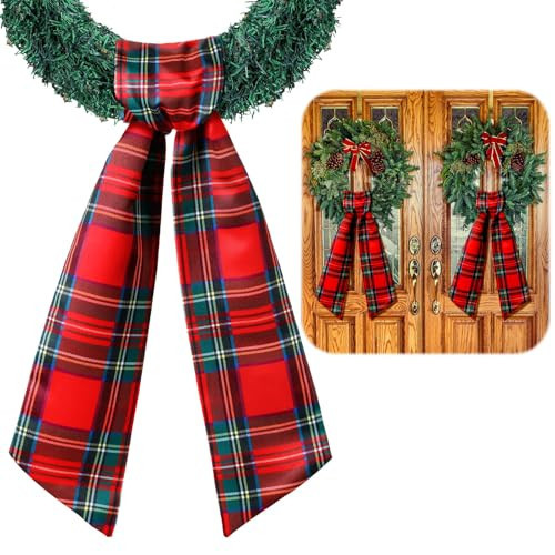 VitalCozy 2 Pcs Wreath Sash for Front Door Wreath Sash Garland Ribbon Accessories for Embroidery Monogram Outdoor Indoor Xmas Party Yard Doorway 4.5" W x 56" L(Red,Plaid) | Amazon (US)