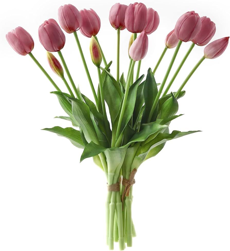 Funfmm 15pcs Flowers Artificial Tulip Silk Flowers, Tulip with Stems for DIY Bouquets, Faux Flowe... | Amazon (US)