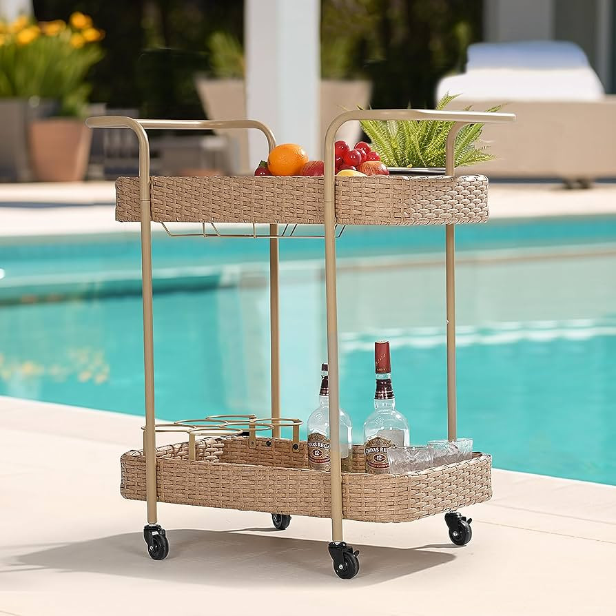 Pamapic Patio Outdoor Bar Cart,Outdoor 2-Tier Rolling Bar Beverage Cart Steel PE Wicker, Bottle a... | Amazon (US)