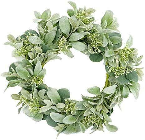 18 " Artificial Flocked Lamb Ear Spring Green Wreath with Eucalyptus Leaves and Seeds Branches for F | Amazon (US)