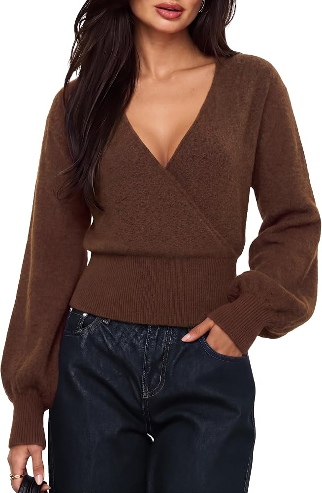 SUUKSESS Women Wool V Neck Wrap Sweater Cinched Waist Long Sleeve Tops | Amazon (US)