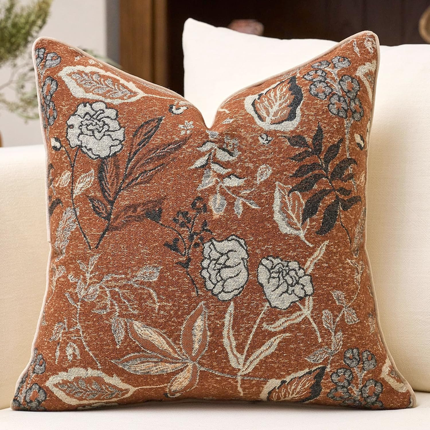 Rust Orange Floral Textured Throw Pillow Cover 20x20 Fall Vintage Accent Pillow Cover Farmhouse Summer Cushion Cover Chenille Neutral Flower Pillowcase Home Decor for Sofa Living Room Bed | Amazon (US)