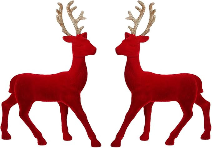 Christmas Reindeer Tabletop 2 Set Red Flocking Standing Deer Decorations, Indoor Decorative Ornam... | Amazon (US)