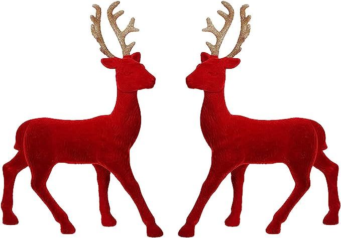 Christmas Reindeer Tabletop 2 Set Red Flocking Standing Deer Decorations, Indoor Decorative Ornam... | Amazon (US)