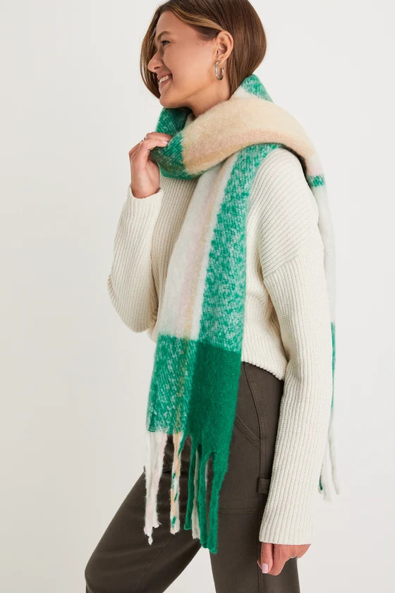 Cedar Green Multi Plaid Oversized Fringe Scarf | Lulus (US)