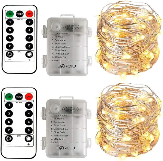 2 x Fairy Lights Battery Operated,Silver Wire Chains 8 Mode 16Ft/5Meter 50 LEDs Timer String Ligh... | Amazon (US)