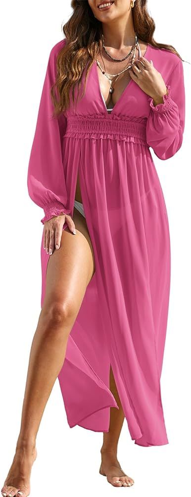 Dokotoo Womens Swimsuit Coverups Sheer Mesh V-Neck Long Sleeve Beach Maxi Dresses Casual Summer K... | Amazon (US)