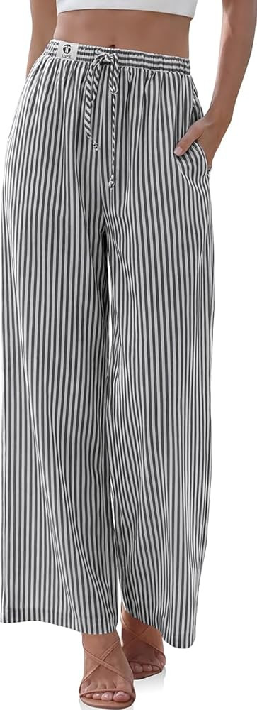 TARSE Womens Linen Striped Gingham Wide Leg Pants Palazzo Drawstring Lounge Pants Casual Trousers... | Amazon (US)