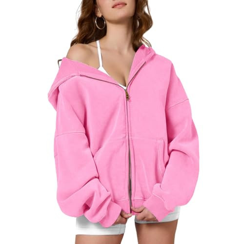 Dnzzs Womens Zip Up Hoodie Oversized Acid Wash Sweatshirts Heavyweight Fall Fashion Outfits Casual Jackets Winter Clothes,Light Pink,X-Small | Amazon (US)