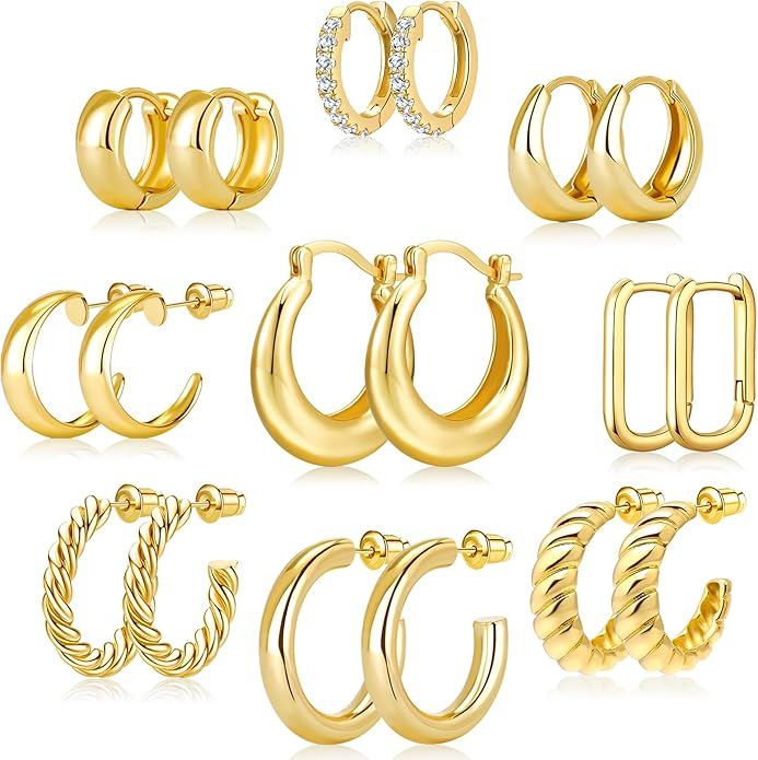 Adoyi Gold Hoop Earrings Set for Women 14K Gold Plated Chunky Hoops Twisted Huggie Hoop Earrings ... | Amazon (US)