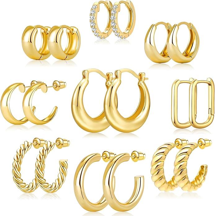 Adoyi Gold Hoop Earrings Set for Women 14K Gold Plated Chunky Hoops Twisted Huggie Hoop Earrings ... | Amazon (US)