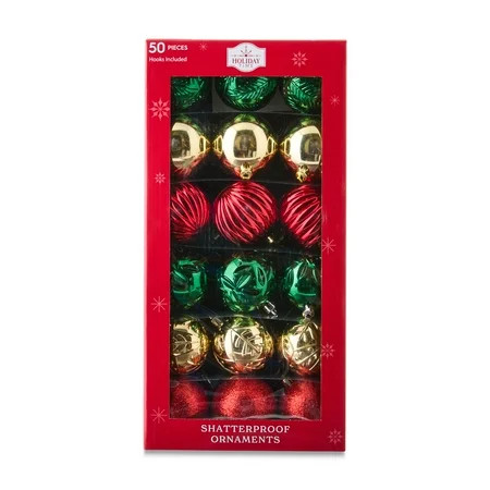 50-Count Red/Green/Gold Shatterproof Ball Christmas Ornaments, by Holiday Time | Walmart (US)