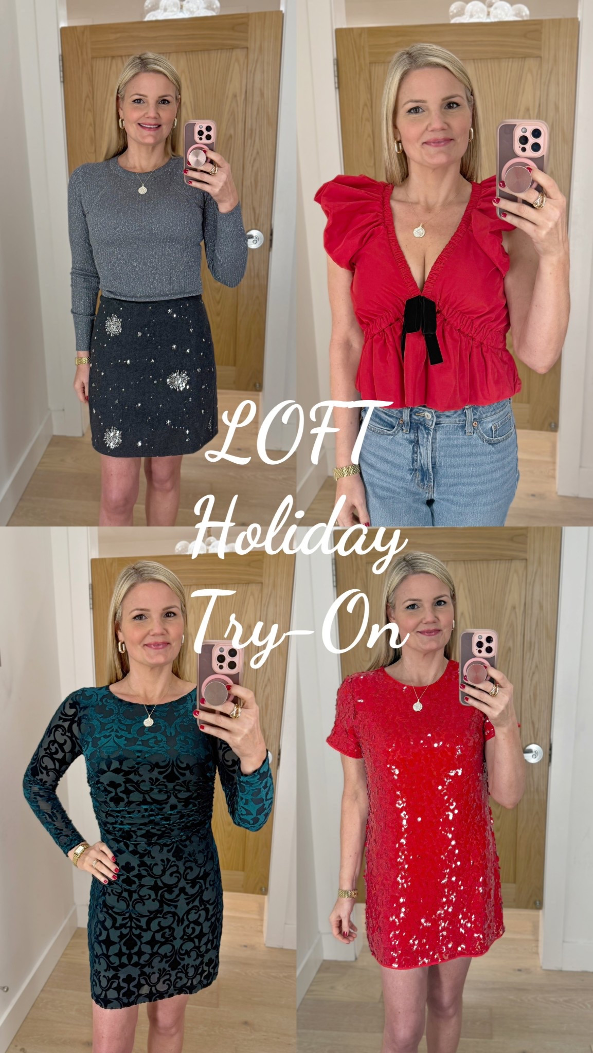 LOFT holiday try on! Red and sparkles and sequins! Christmas, New Years Eve, parties. 

Sizing (I’m 5’9”. Size 6):
Grey shimmer sweater- small
Black sparkly mini- size 4
Red low cut top- small
Green mini dress- medium
Red sequin dress- smalll

#LTKHoliday #LTKSeasonal #LTKSaleAlert
