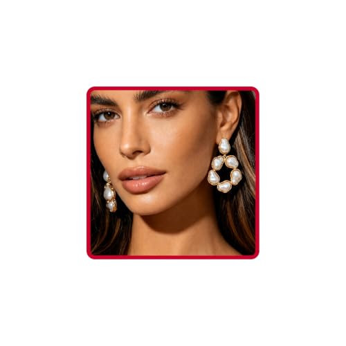 Chunky Baroque Pearl Hoop Earrings for Women, Vintage Gold Asymmetrical Hollow Circle Dangle Drop Statement Dainty Hypoallergenic Luxury Trendy for Her Jewelry Gifts (Gold Pearl (Small)) | Amazon (US)
