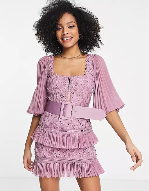 ASOS DESIGN lace mini dress with pleated chiffon and satin belt | ASOS | ASOS (Global)