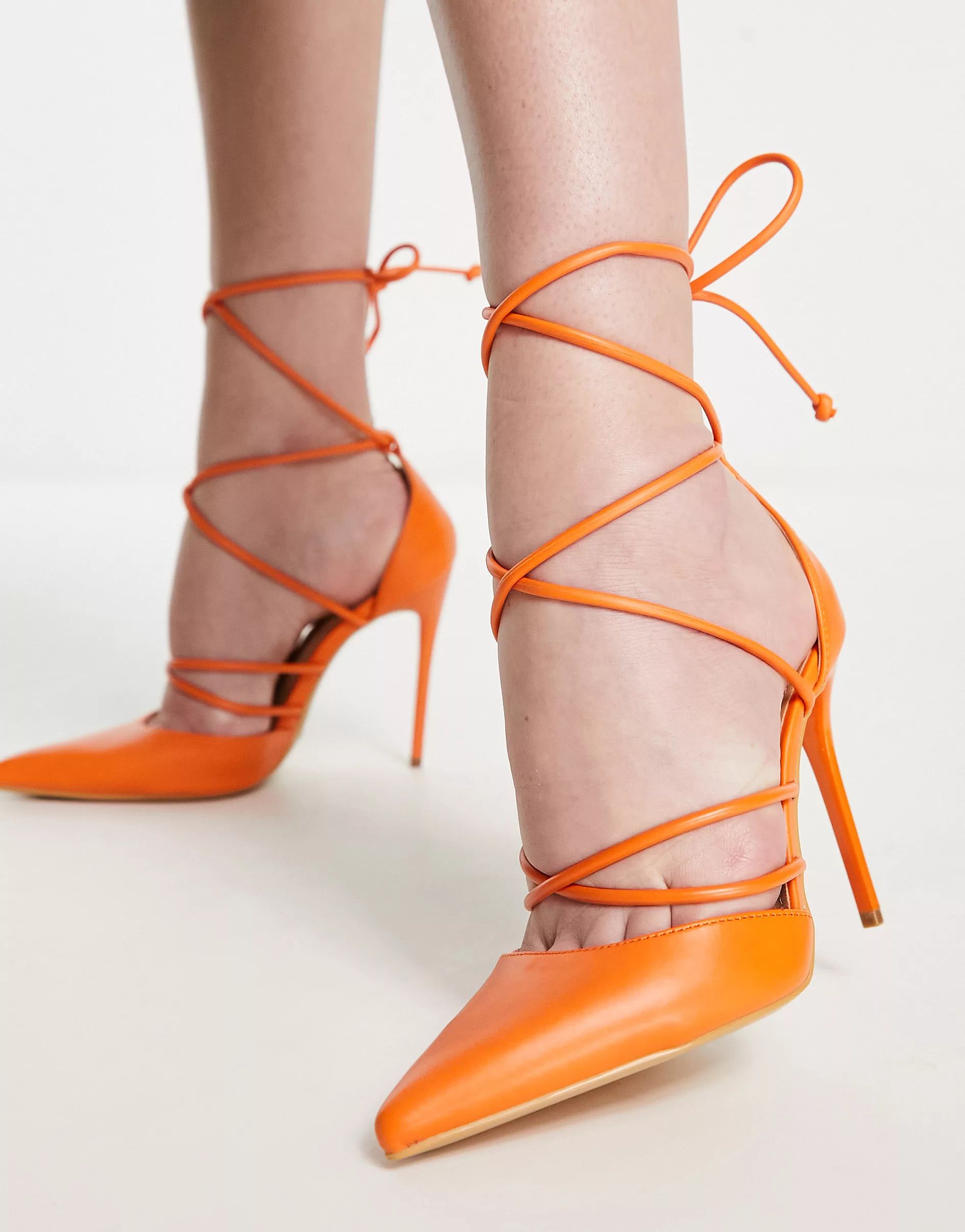 Truffle Collection tubular tie leg pointed stiletto heeled shoes in orange | ASOS | ASOS (Global)