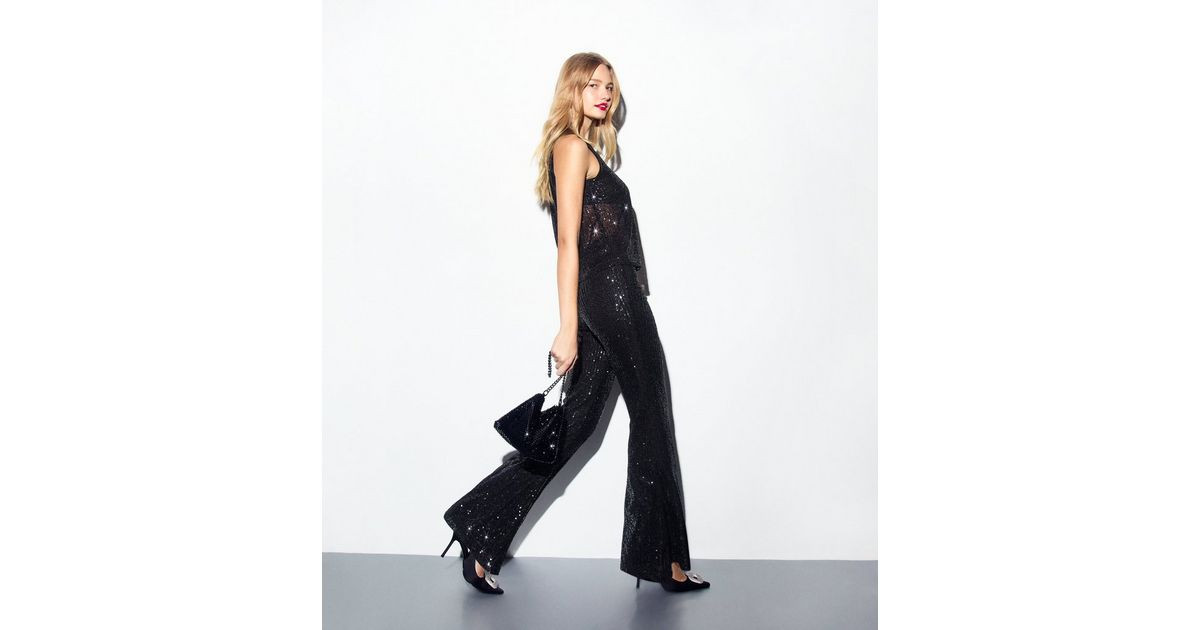 Black Sequin Kick Flare Trousers | New Look | New Look (UK)
