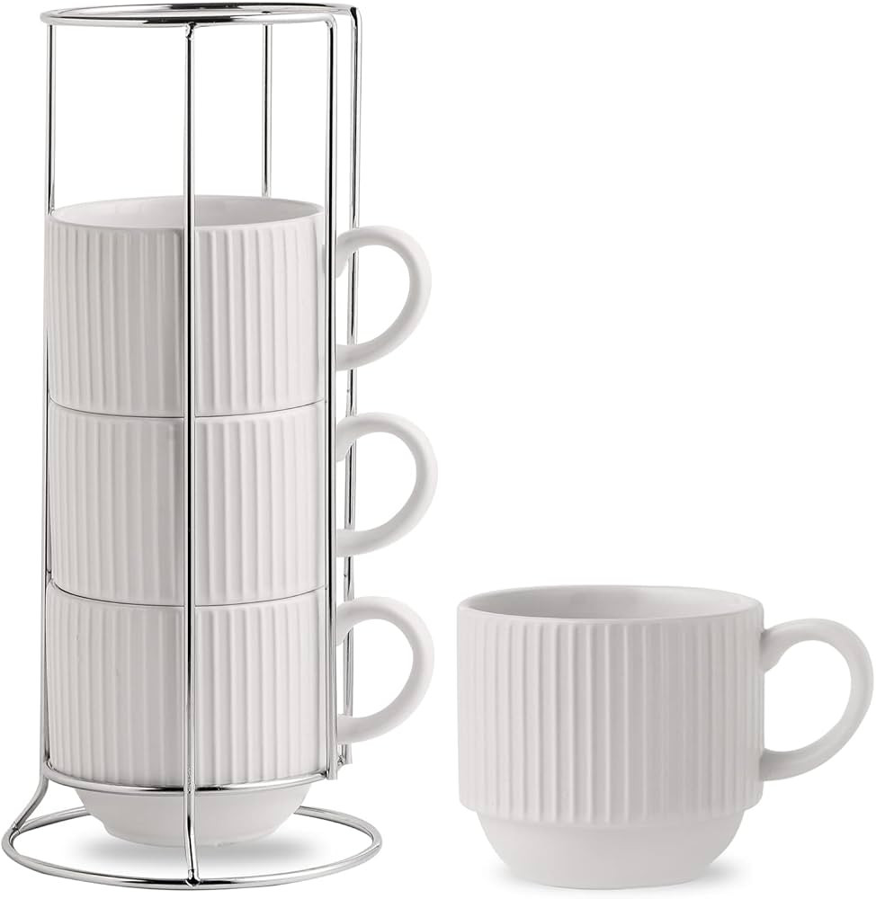 Hasense Ceramic Coffee Mugs Set of 4 with Rack - 15 oz Stackable Large Porcelain Ribbed Latte Cup... | Amazon (US)