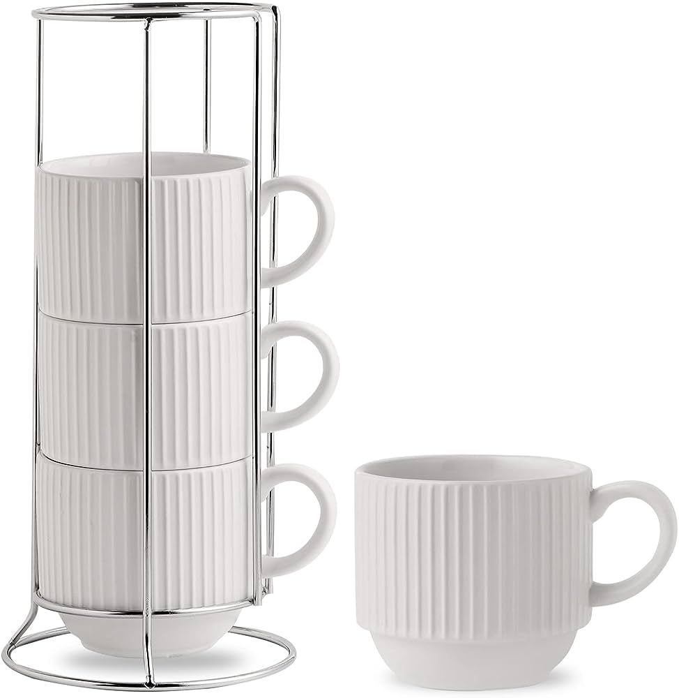 Hasense Ceramic Coffee Mugs Set of 4 with Rack - 15 oz Stackable Large Porcelain Ribbed Latte Cup... | Amazon (US)