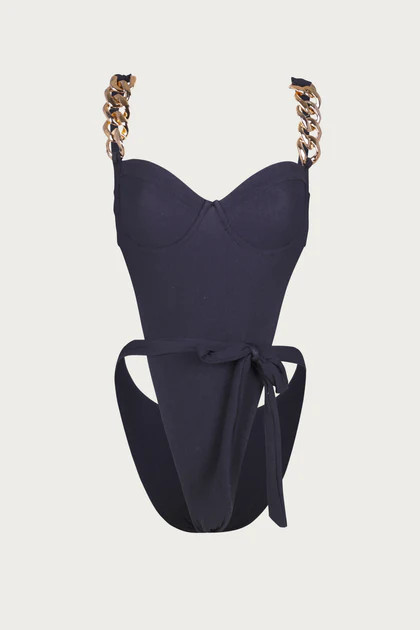 Gold Chain One Piece (Faux Suede Black) | SAME