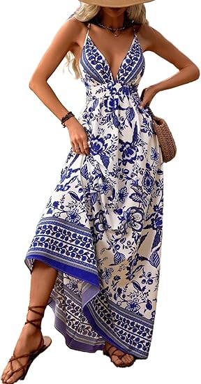 MakeMeChic Women's Summer Blue and White Floral Dress Boho Backless Maxi Sundress Spaghetti Strap... | Amazon (US)