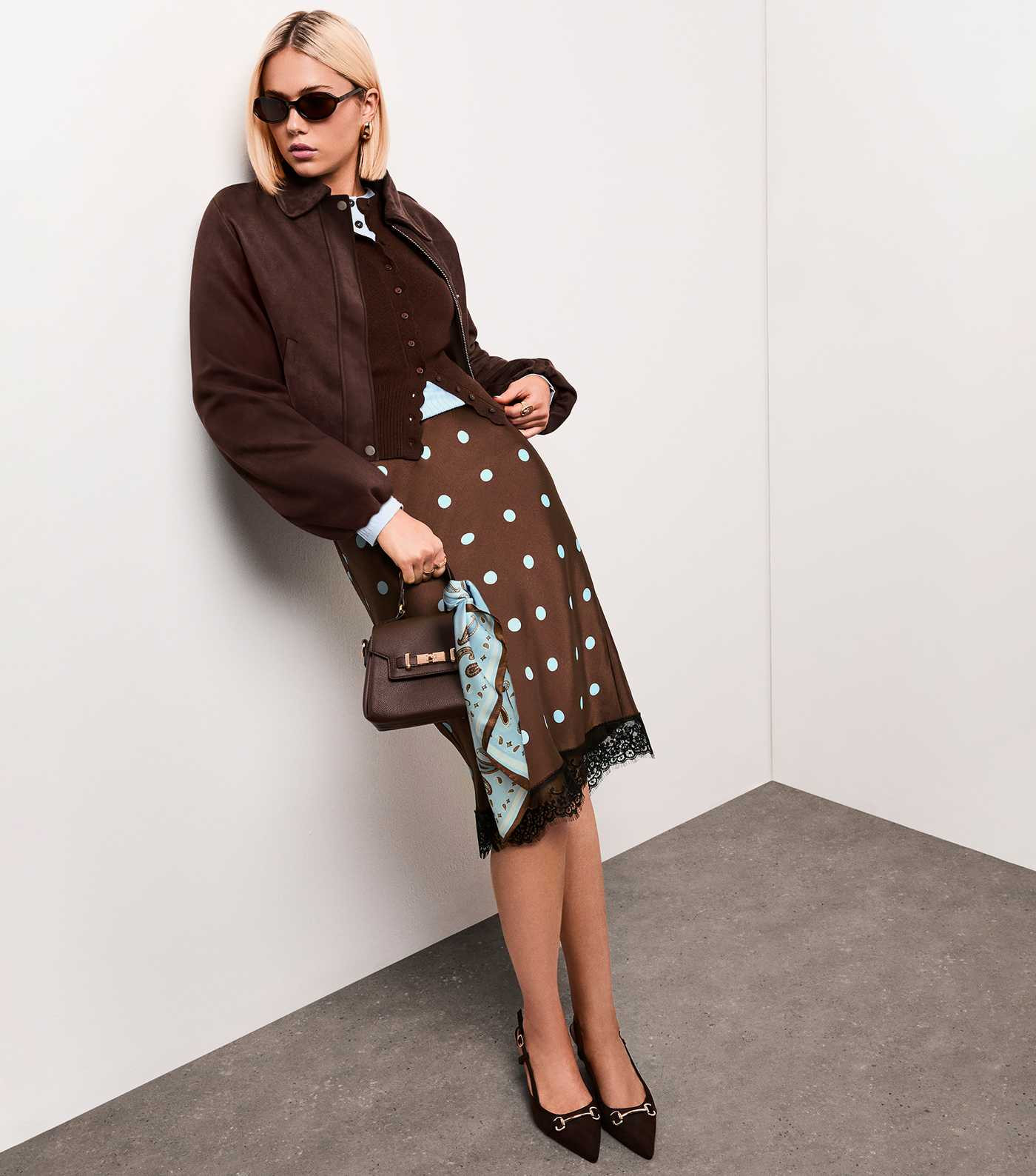 Brown Satin Polka Dot Lace Hem Midi Skirt | New Look | New Look (UK)