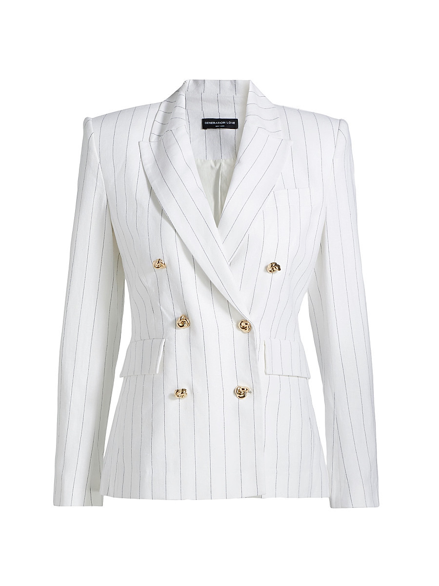 Women's Arielle Pinstriped Linen-Blend Double-Breasted Blazer - White Black Pinstripe - Size XS | Saks Fifth Avenue