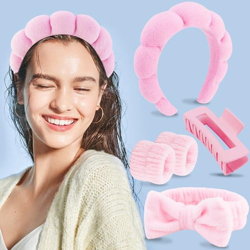 Spa Headband Set - 5 Pcs Pink Puffy Sponge Face Wash Skincare Makeup Headbands, Bow Tie Hair Band, Clips, Wristband for Women Girls Facial Accessories | Amazon (US)